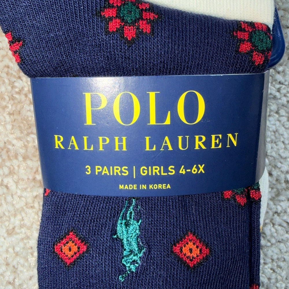 Polo Ralph Lauren Girls 3 Pair Crew Socks Navy Argyle Floral 4-6X